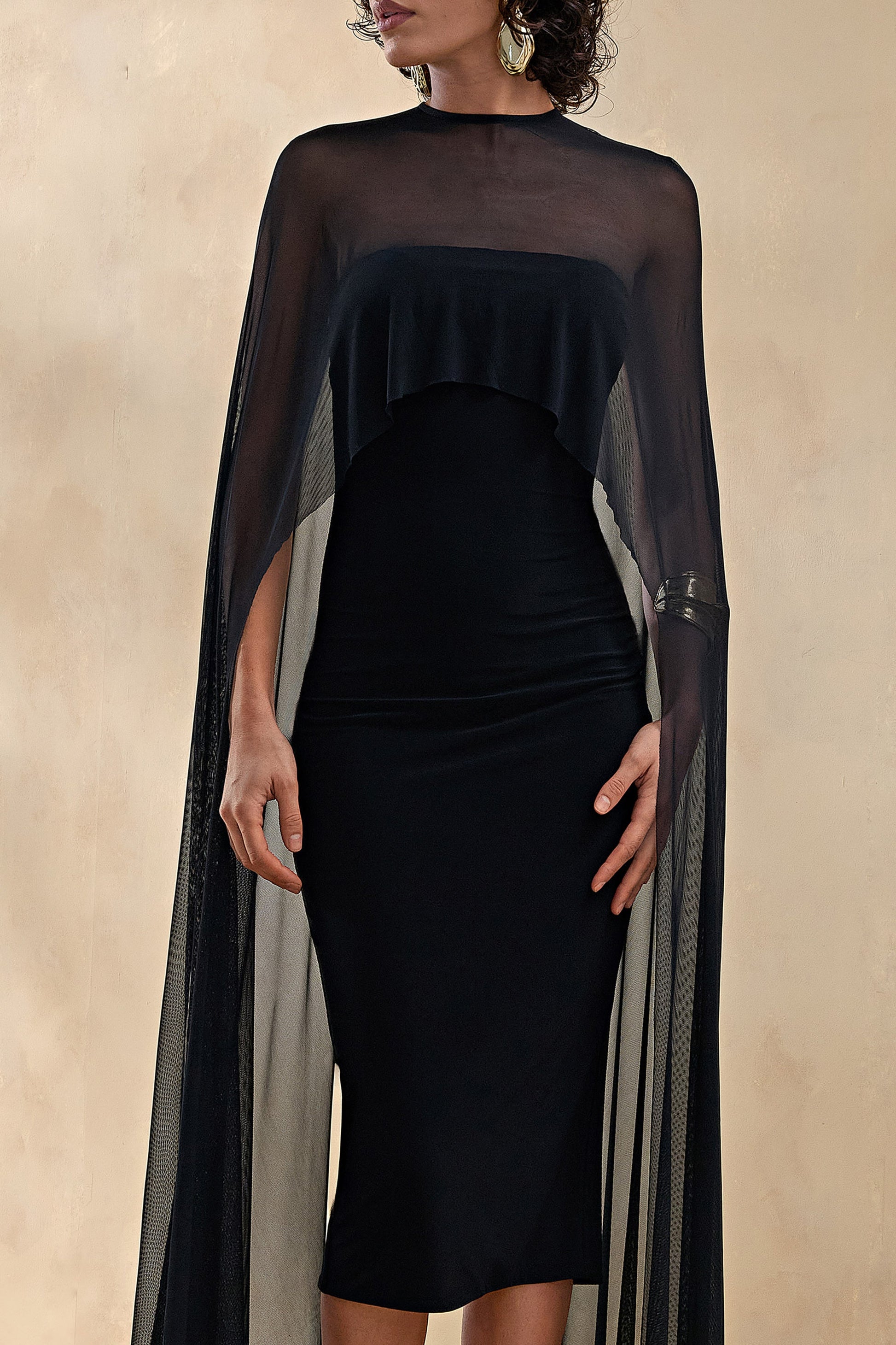 Filippa | Black Crew-Neck Midi Dress With Sheer Cape-Sleeves
