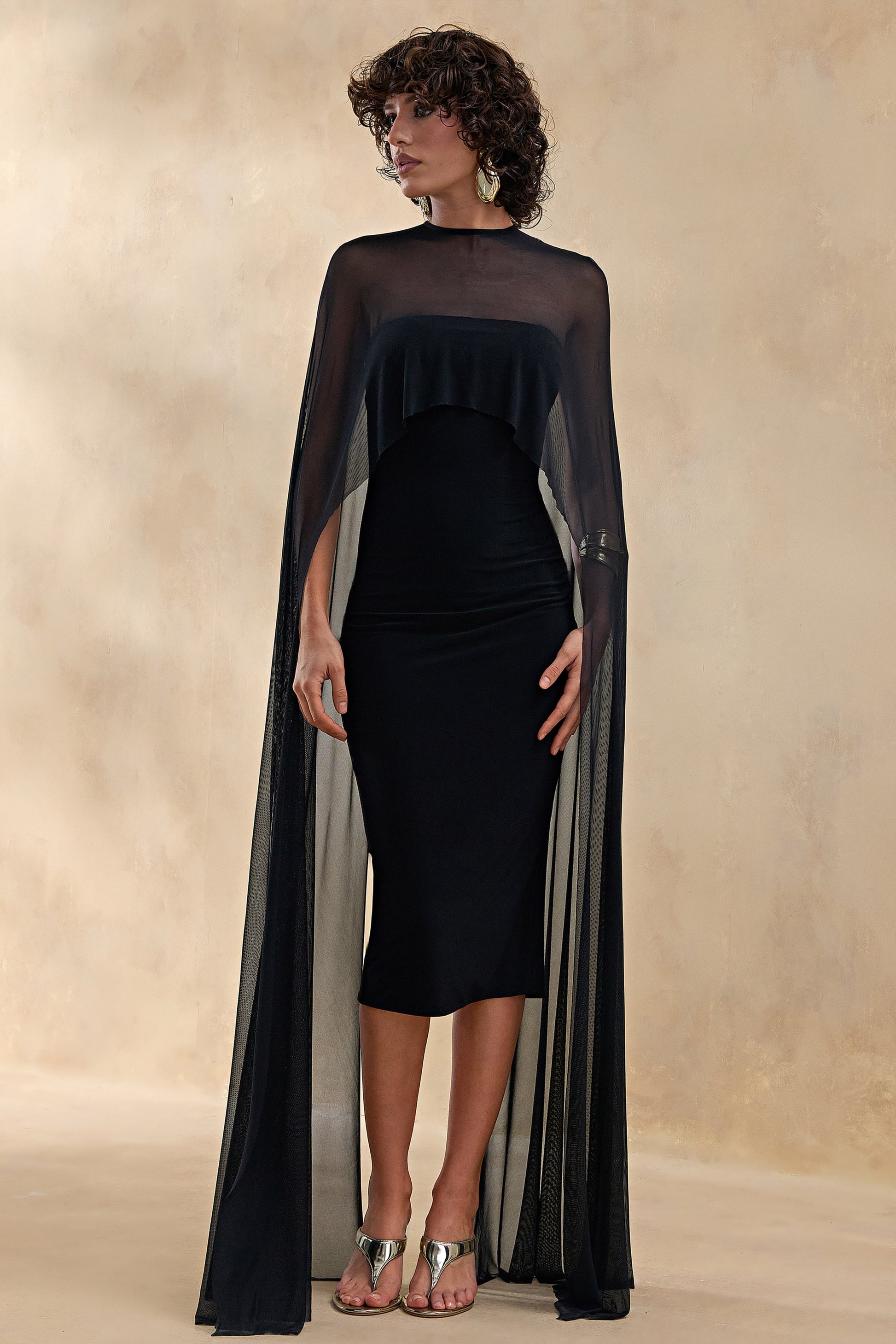 Filippa | Black Crew-Neck Midi Dress With Sheer Cape-Sleeves