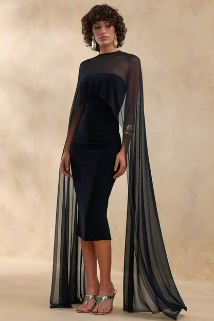 Filippa | Black Crew-Neck Midi Dress With Sheer Cape-Sleeves