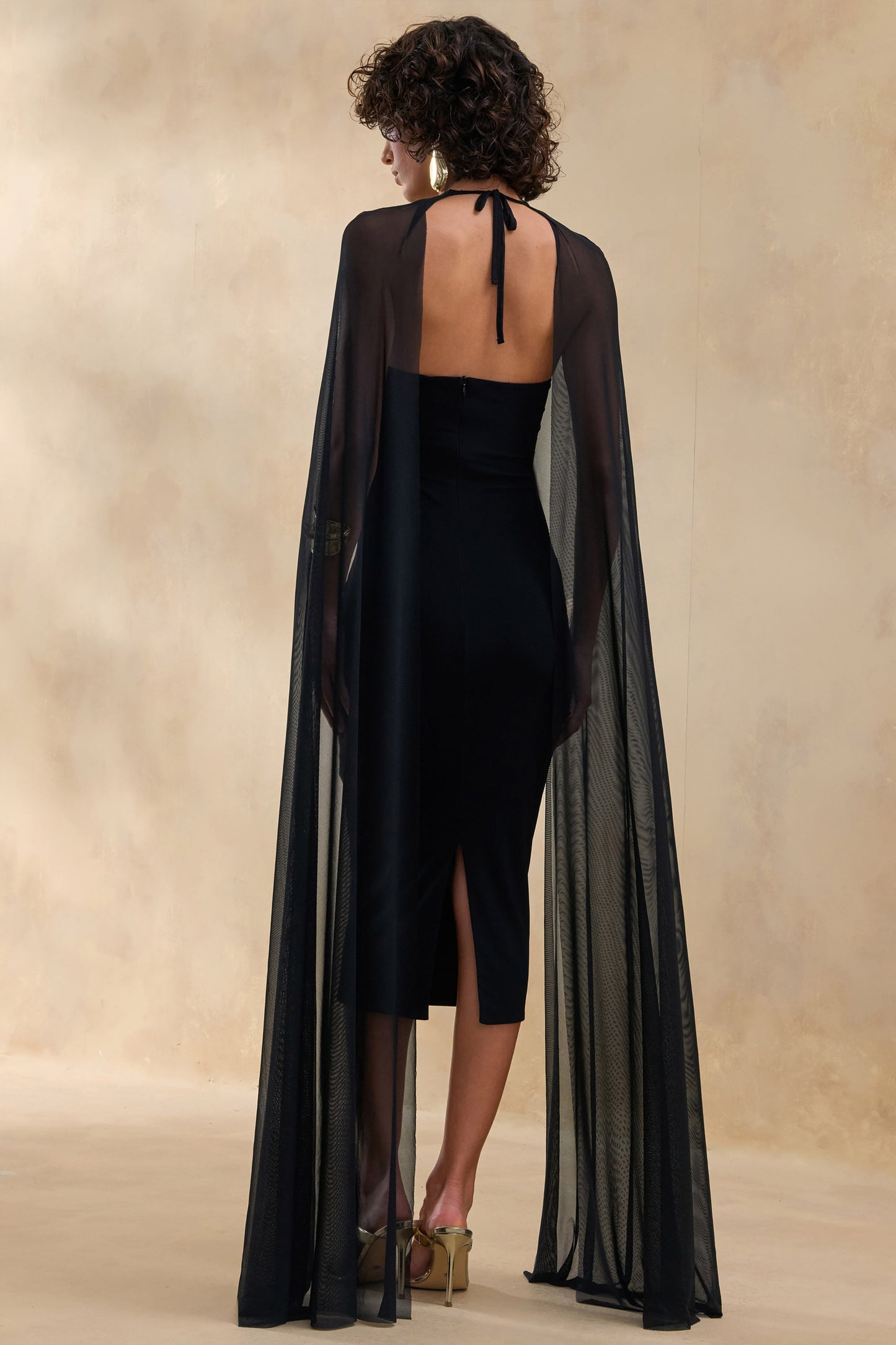 Filippa | Black Crew-Neck Midi Dress With Sheer Cape-Sleeves
