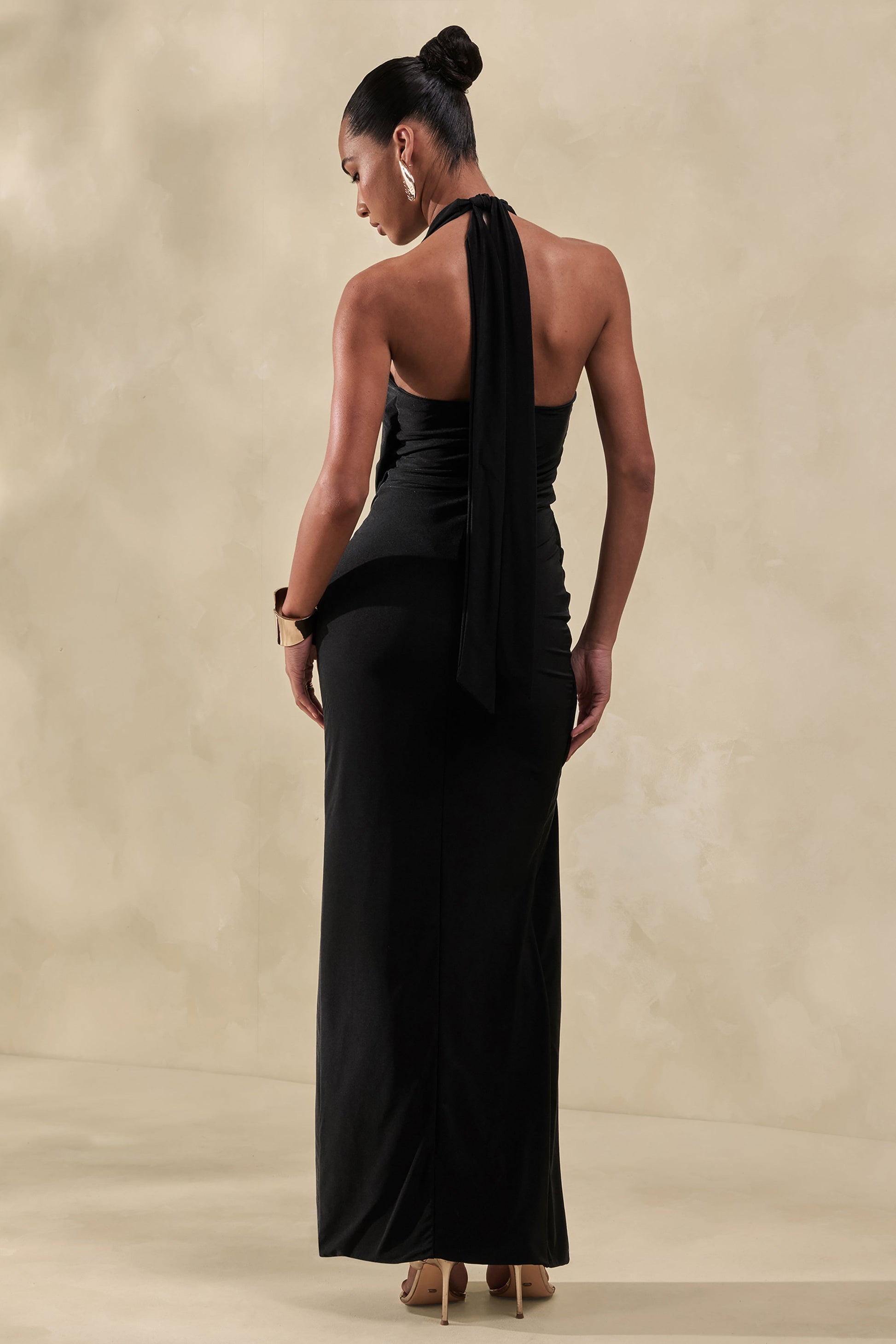 Junia | Black Plunge-Neck Wrap Maxi Dress