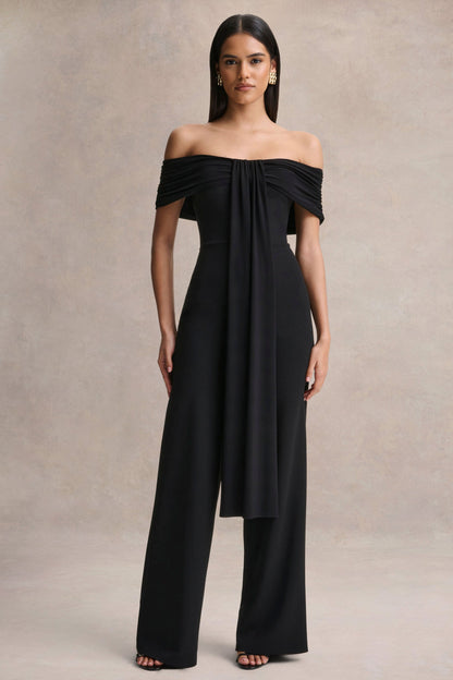 Kalida | Black Bardot-Neck Jumpsuit With Sash-Detail