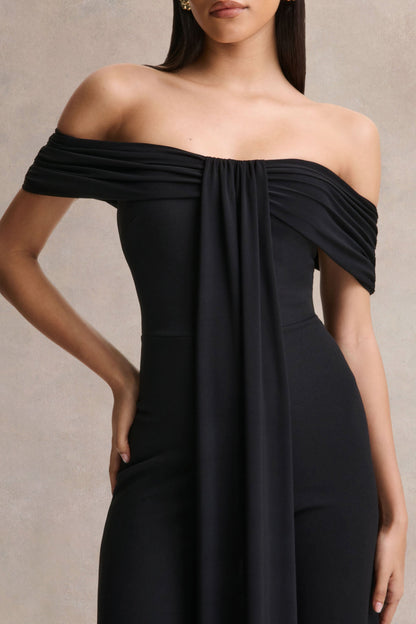 Kalida | Black Bardot-Neck Jumpsuit With Sash-Detail
