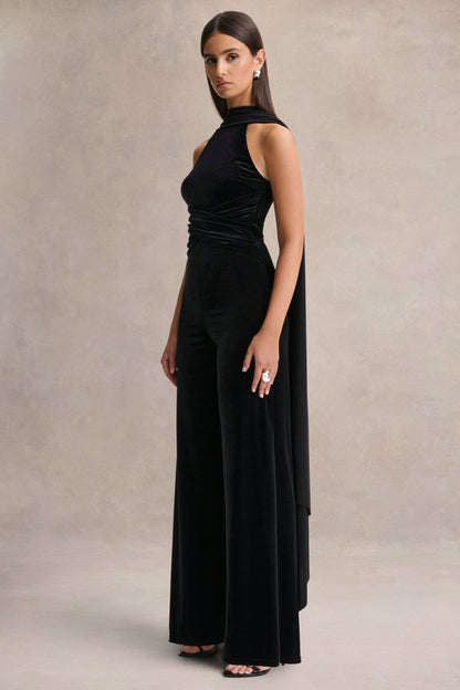 Madalina | Black High-Neck Jumpsuit With Scarf-Detail