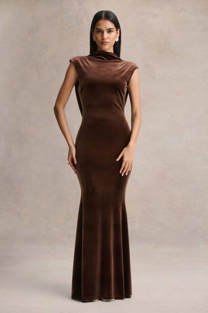 Malora | Brown Velvet High-Neck Maxi Dress With Open-Back