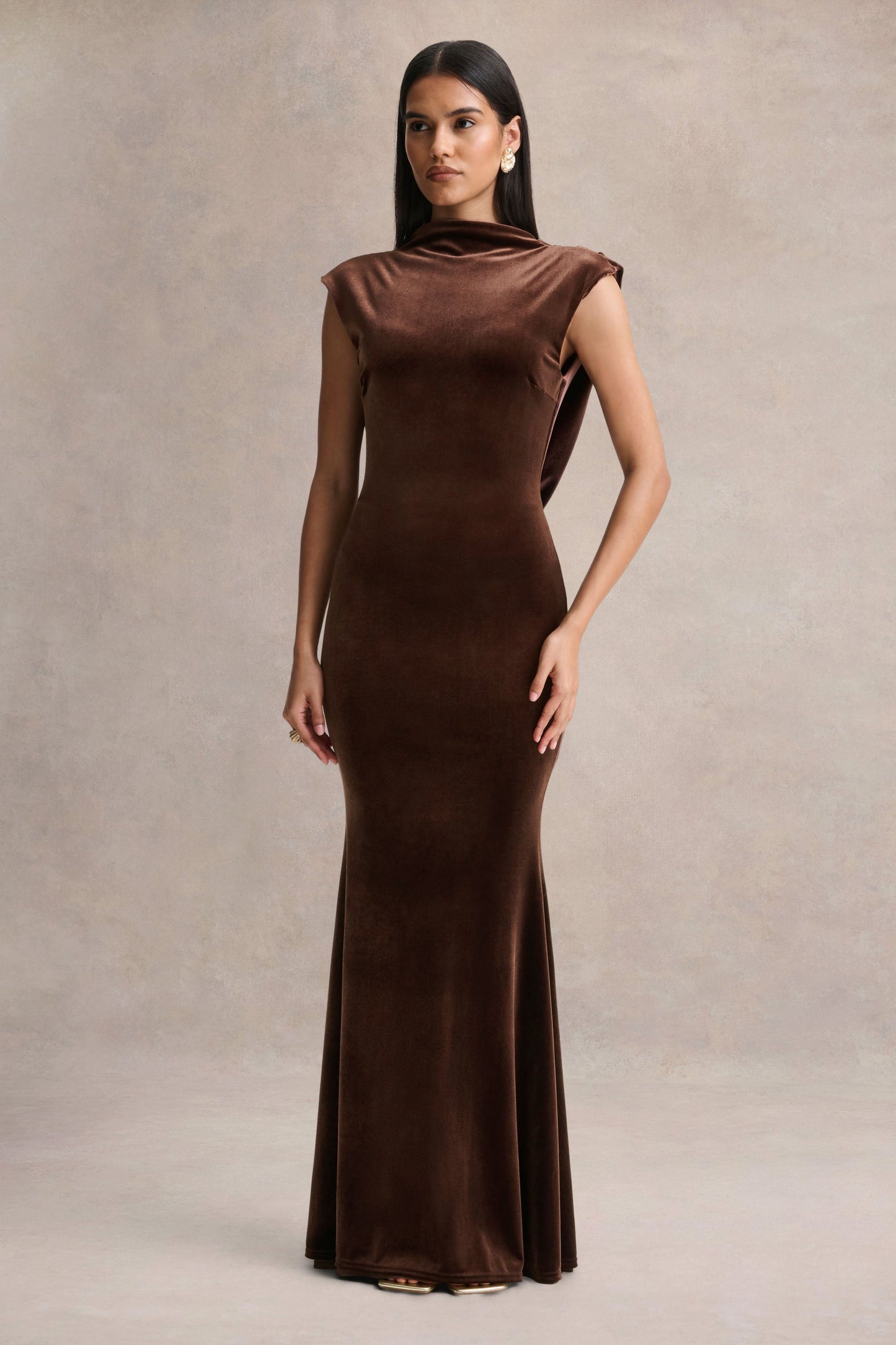 Malora | Brown Velvet High-Neck Maxi Dress With Open-Back