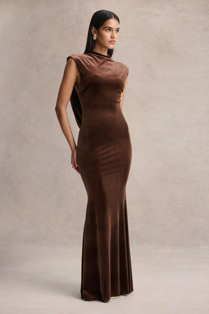 Malora | Brown Velvet High-Neck Maxi Dress With Open-Back