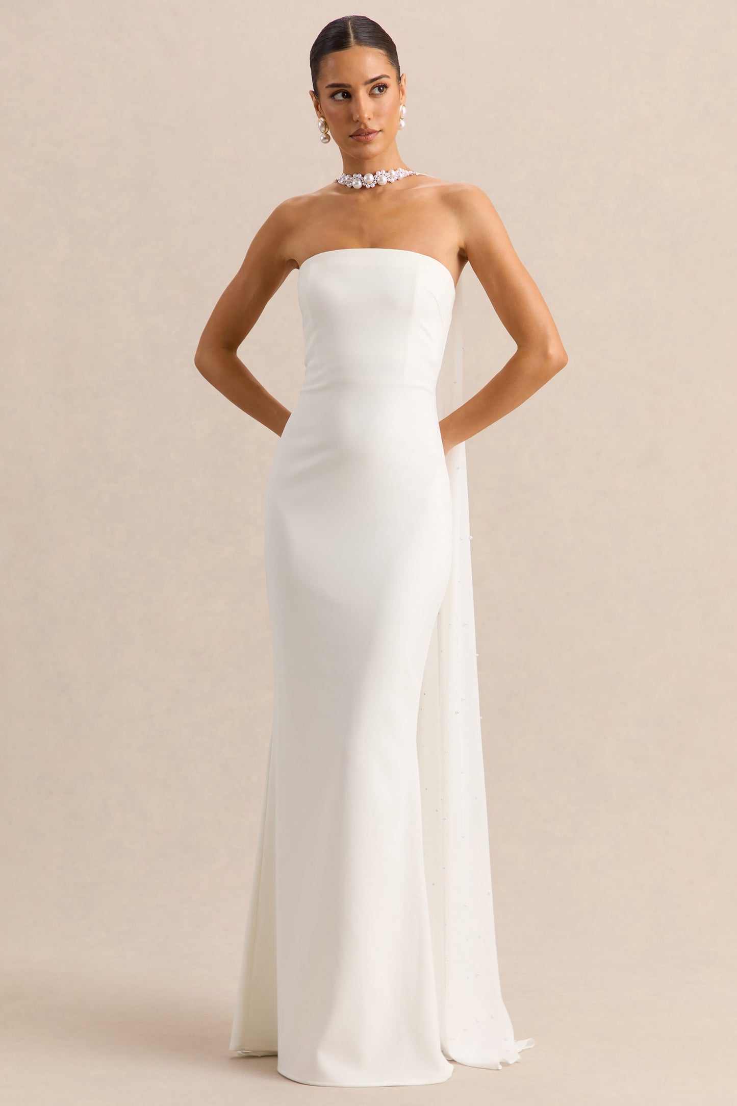 Alina | White Bandeau Maxi-Dress With Cape