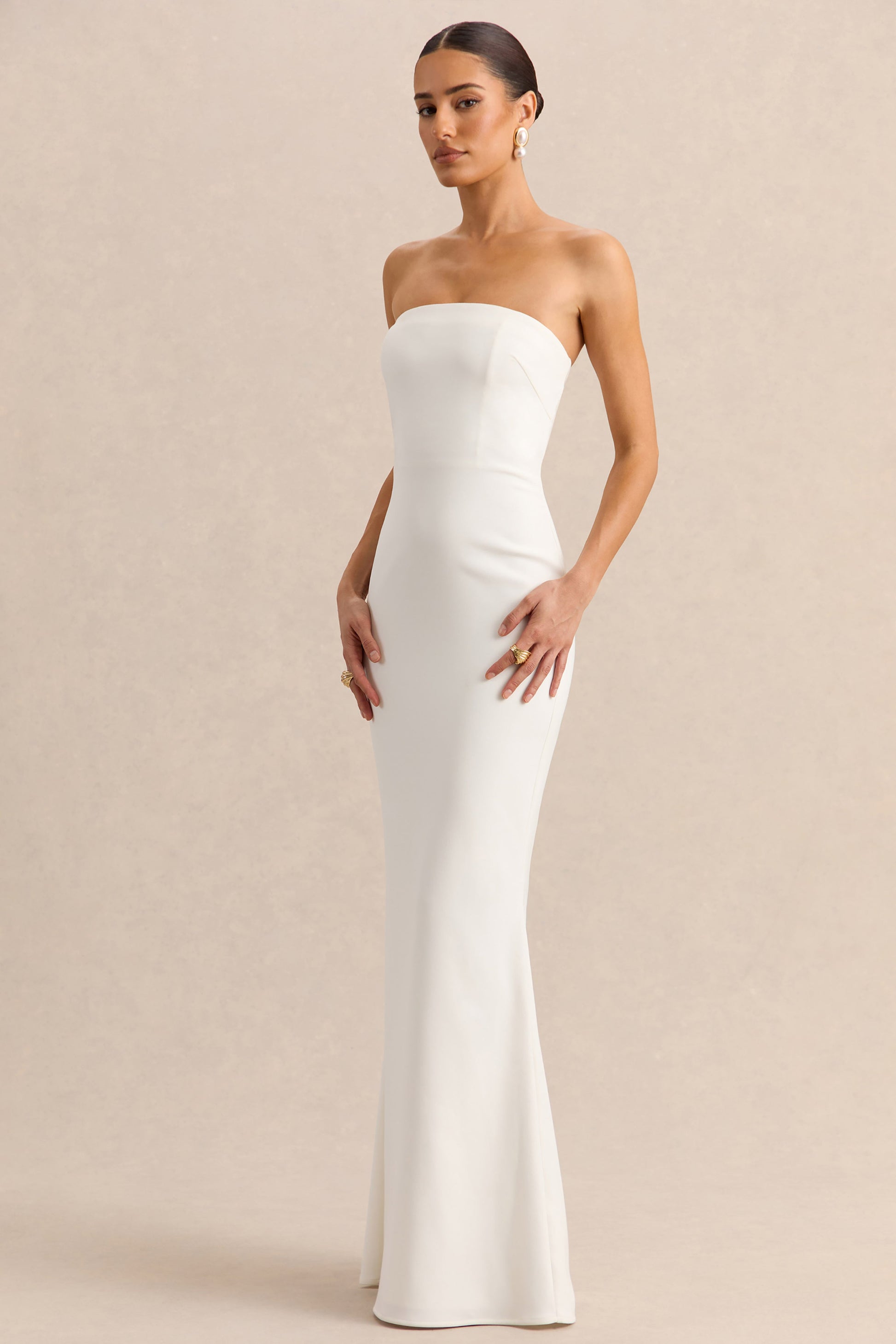 Alina | White Bandeau Maxi-Dress With Cape