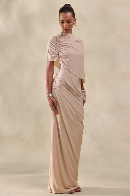 Lunaline | Champagne High-Neck Maxi Dress With Asymmetric Cape And Draped-Detailing