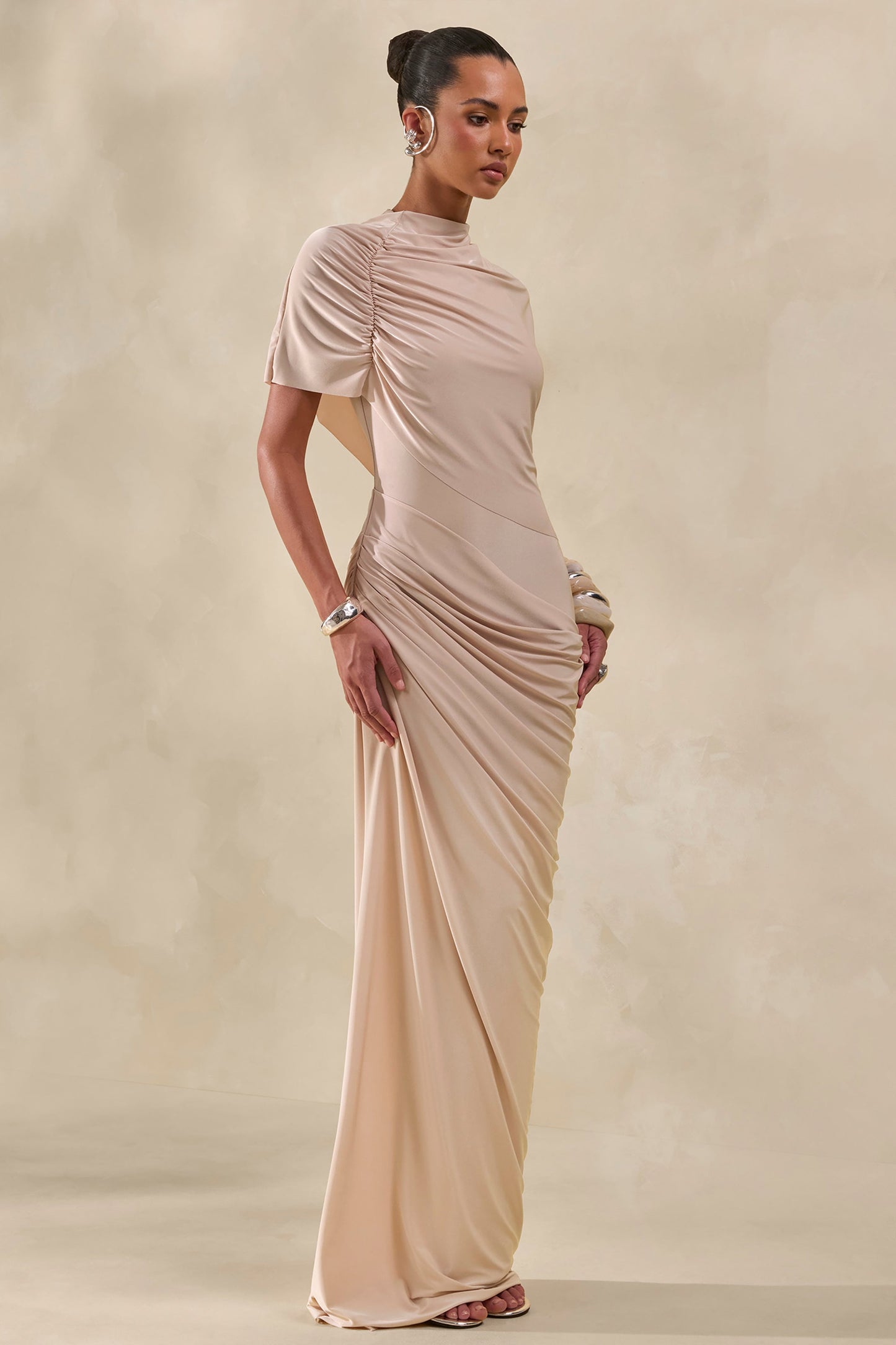 Lunaline | Champagne High-Neck Maxi Dress With Asymmetric Cape And Draped-Detailing