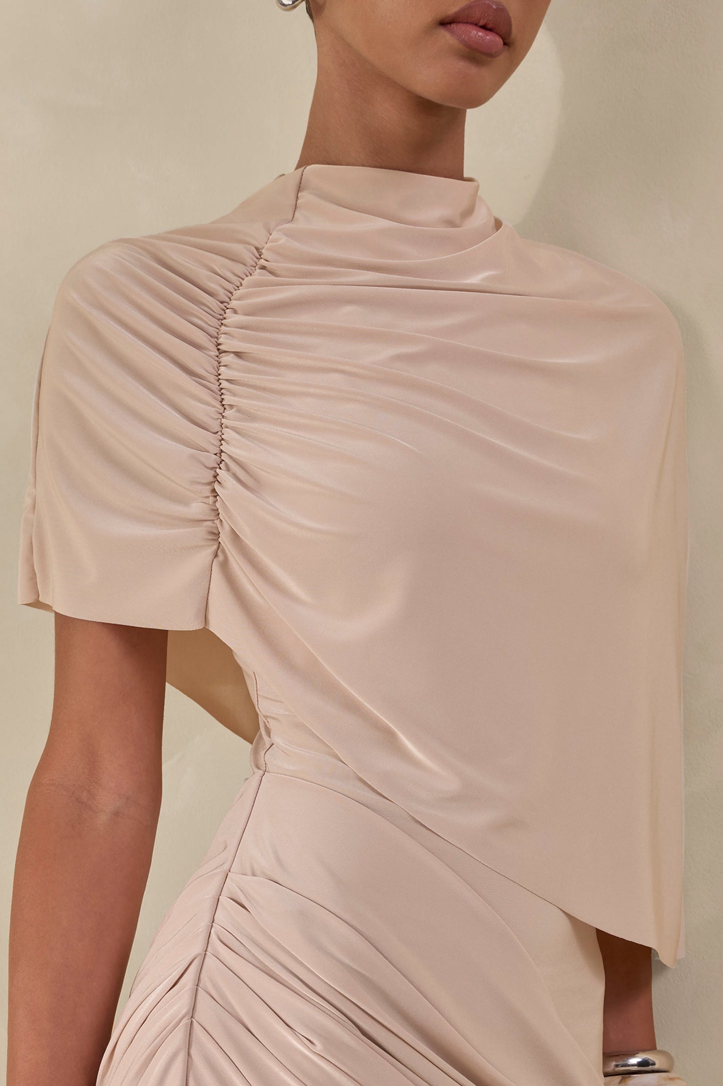 Lunaline | Champagne High-Neck Maxi Dress With Asymmetric Cape And Draped-Detailing