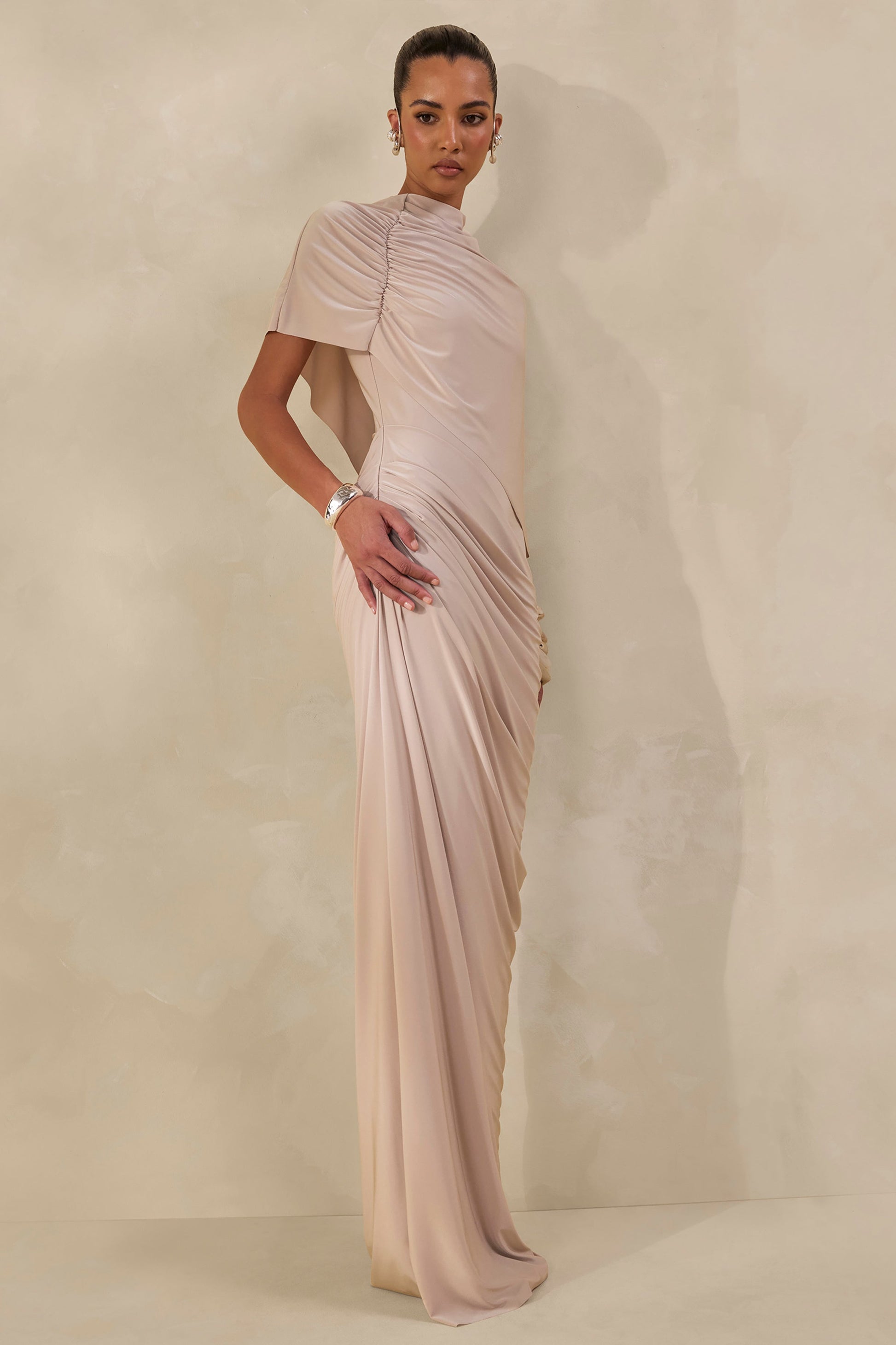 Lunaline | Champagne High-Neck Maxi Dress With Asymmetric Cape And Draped-Detailing