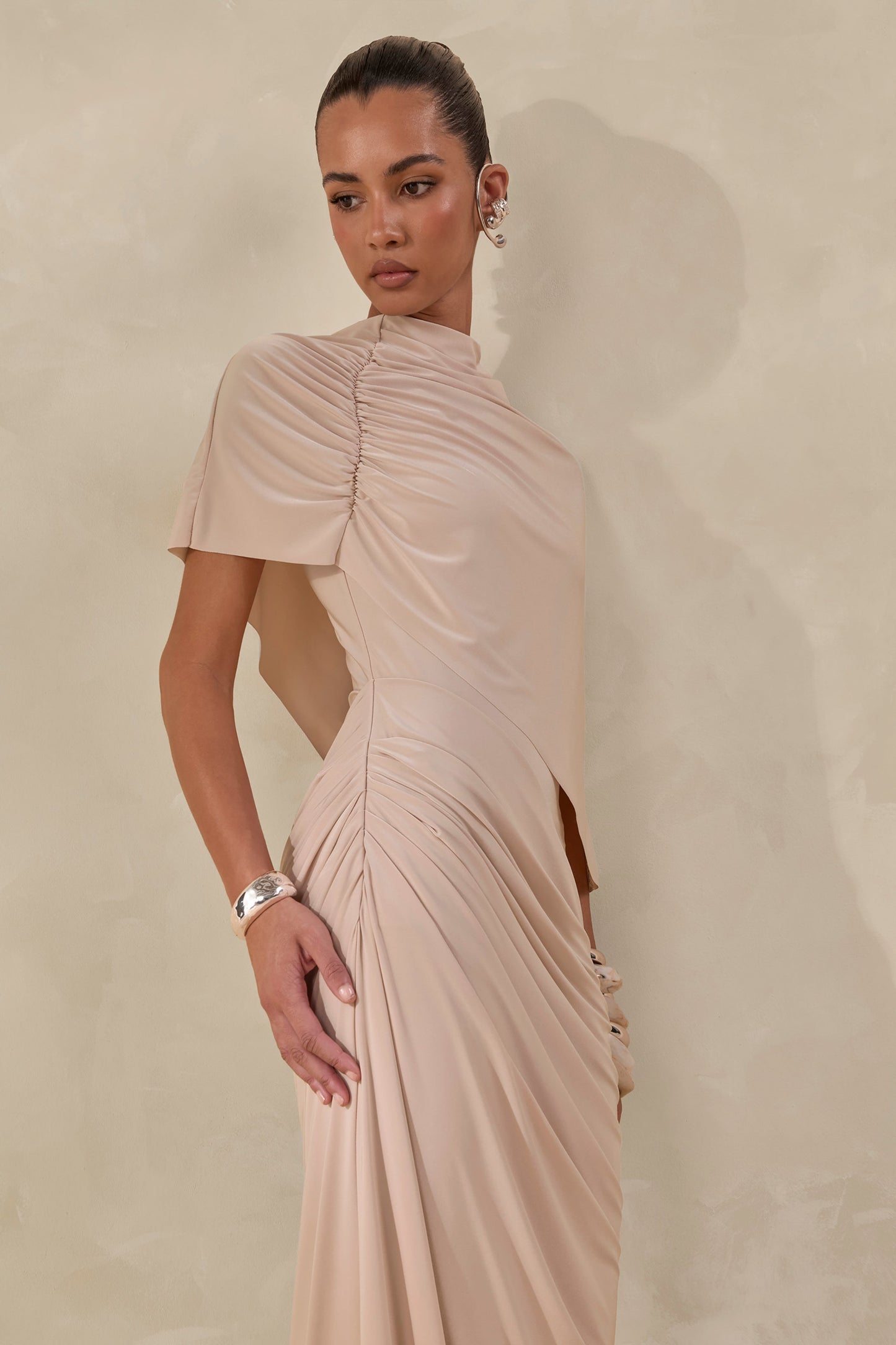 Lunaline | Champagne High-Neck Maxi Dress With Asymmetric Cape And Draped-Detailing