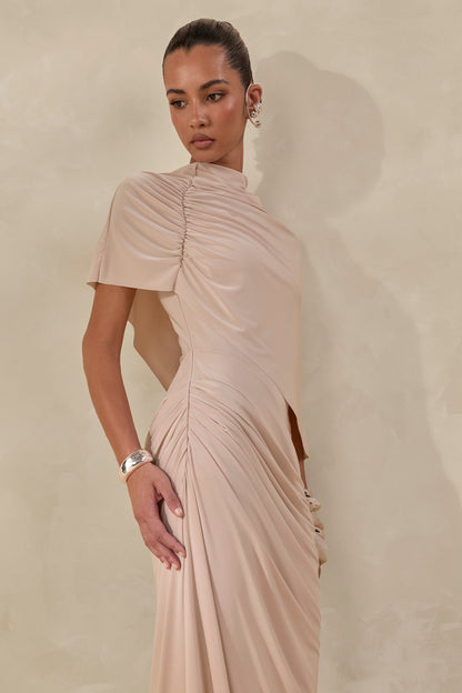 Lunaline | Champagne High-Neck Maxi Dress With Asymmetric Cape And Draped-Detailing
