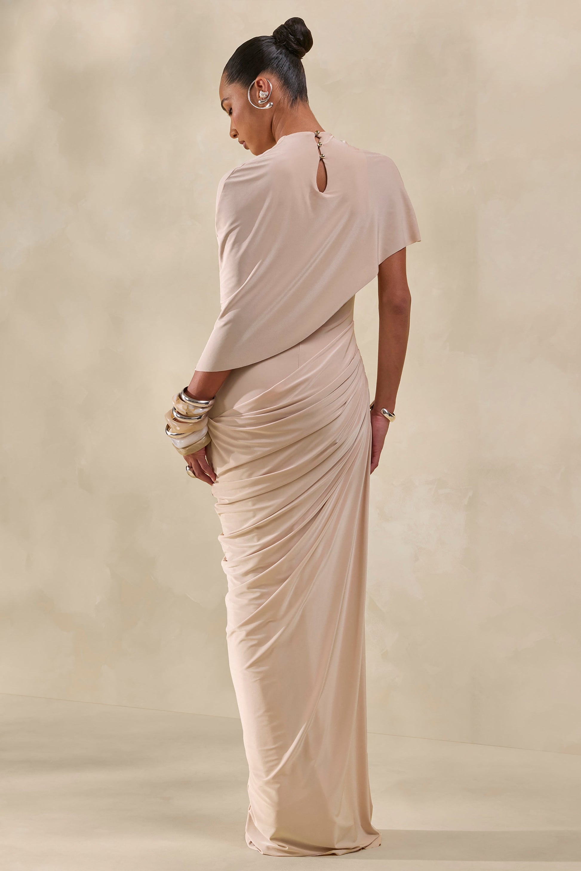 Lunaline | Champagne High-Neck Maxi Dress With Asymmetric Cape And Draped-Detailing