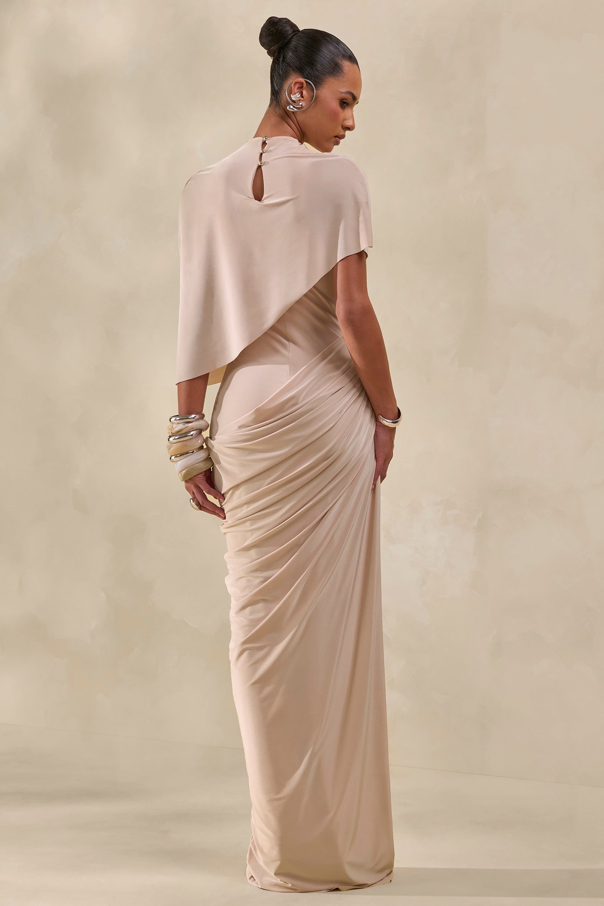 Lunaline | Champagne High-Neck Maxi Dress With Asymmetric Cape And Draped-Detailing