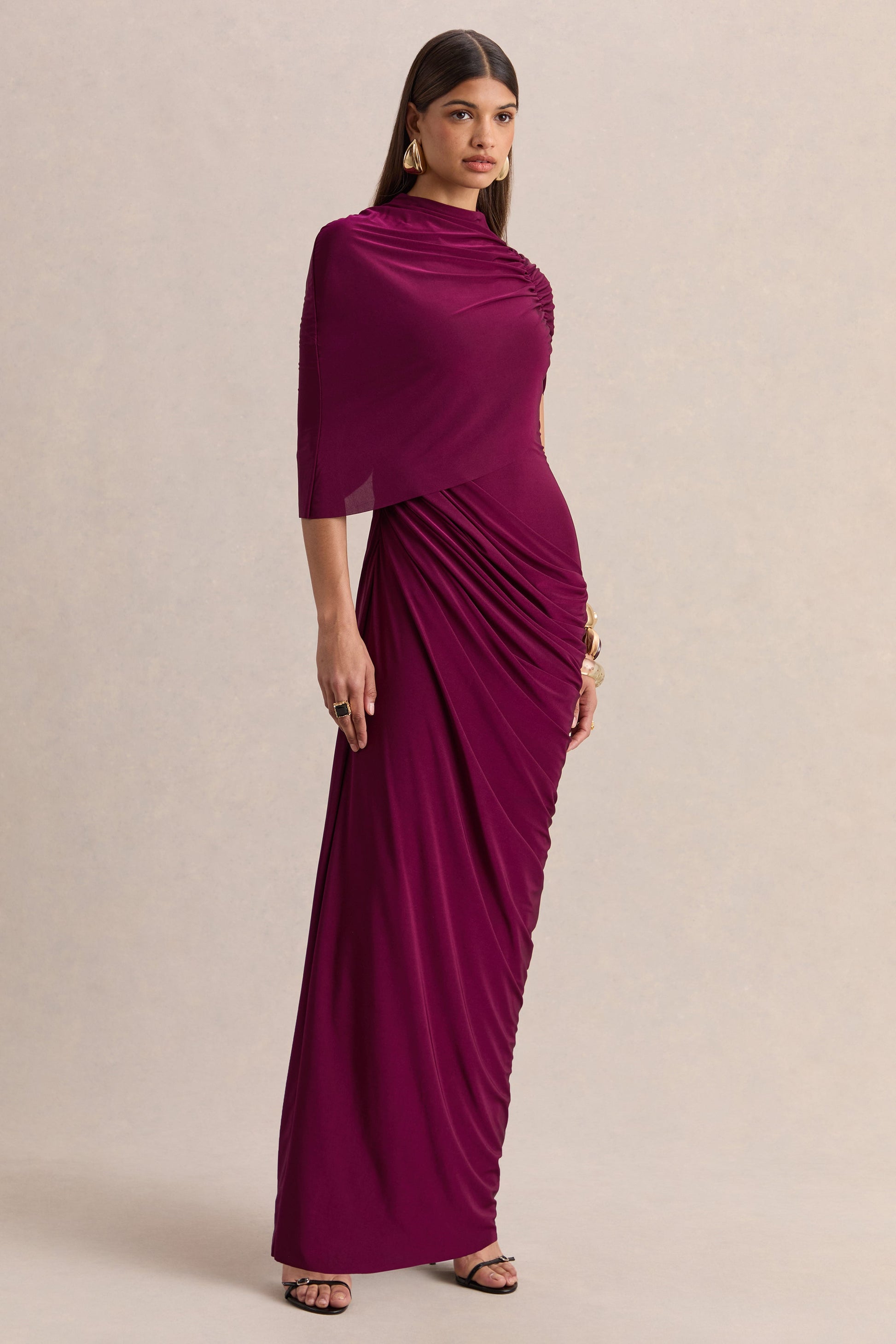 Lunaline | Burgundy High-Neck Maxi Dress With Asymmetric Cape And Draped-Detailing