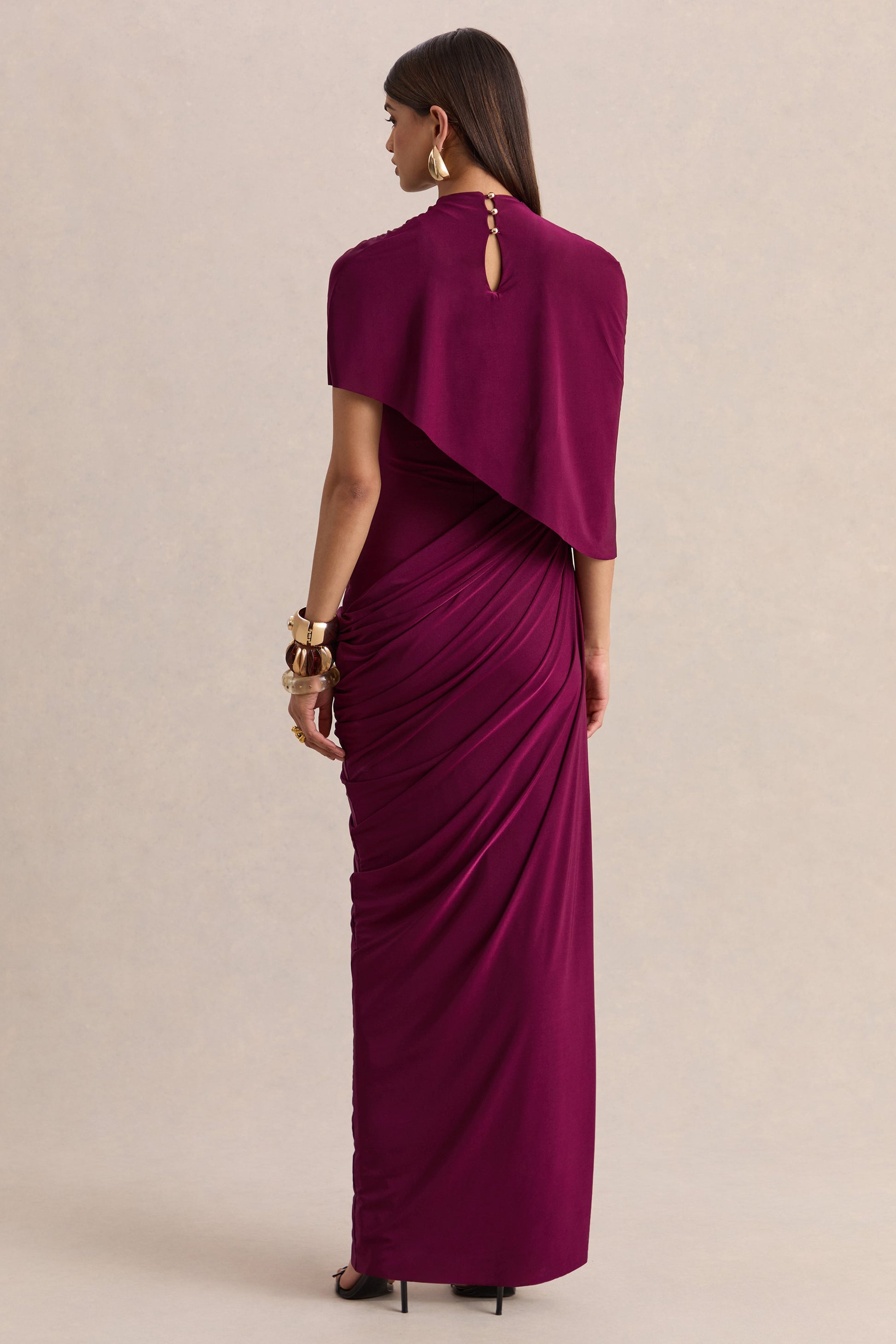 Lunaline | Burgundy High-Neck Maxi Dress With Asymmetric Cape And Draped-Detailing