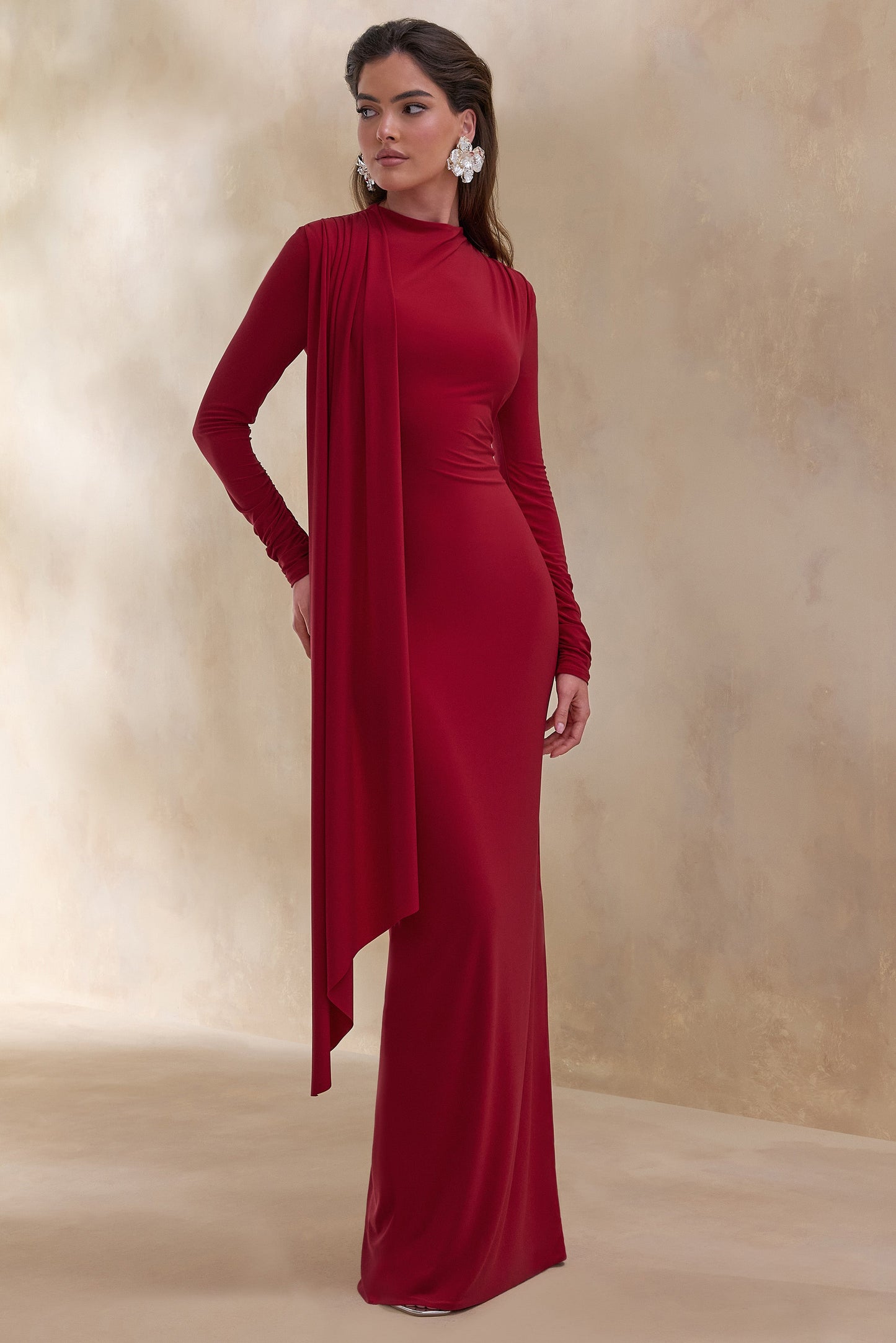 Amaria | Red High-Neck Maxi Dress With Sash-Detail