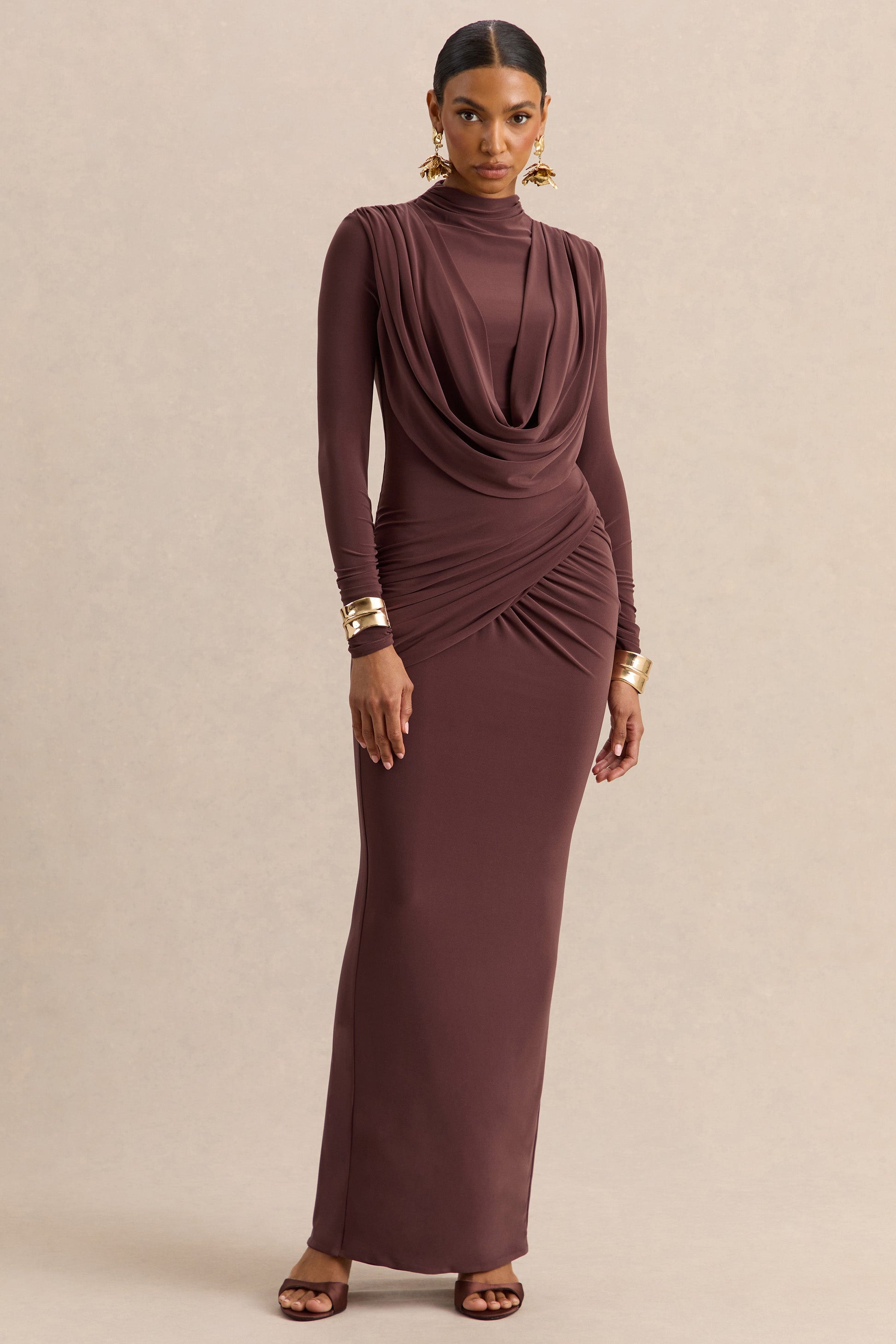 Karinthia | Brown High-Neck Maxi Dress With Draped-Detailing