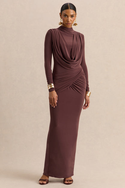 Karinthia | Brown High-Neck Maxi Dress With Draped-Detailing