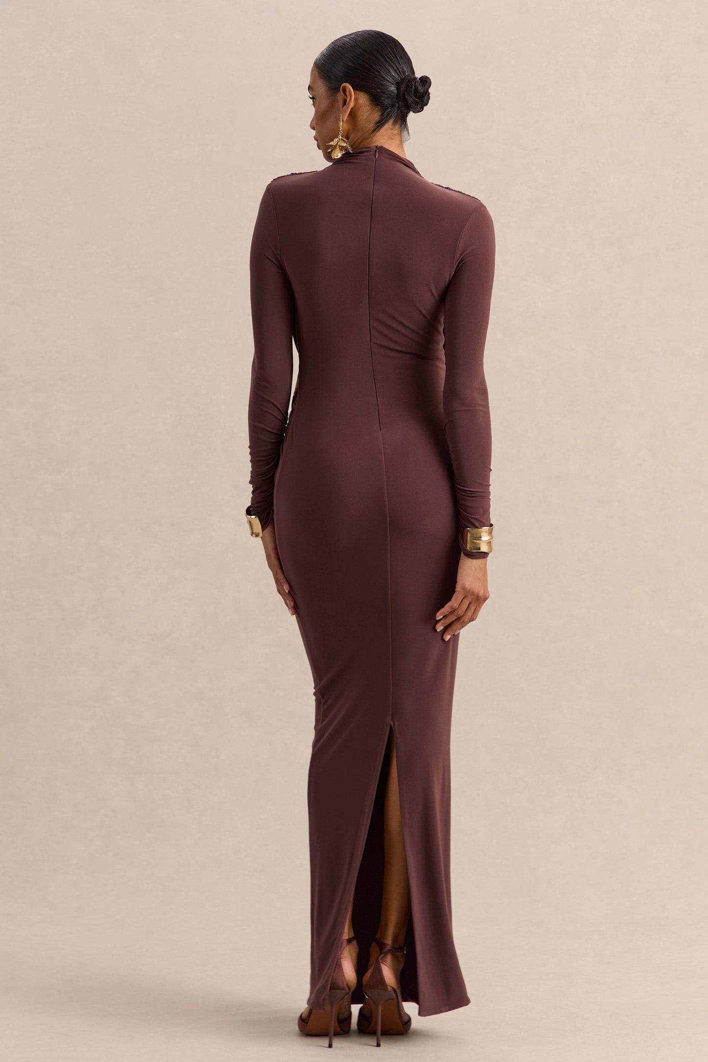Karinthia | Brown High-Neck Maxi Dress With Draped-Detailing