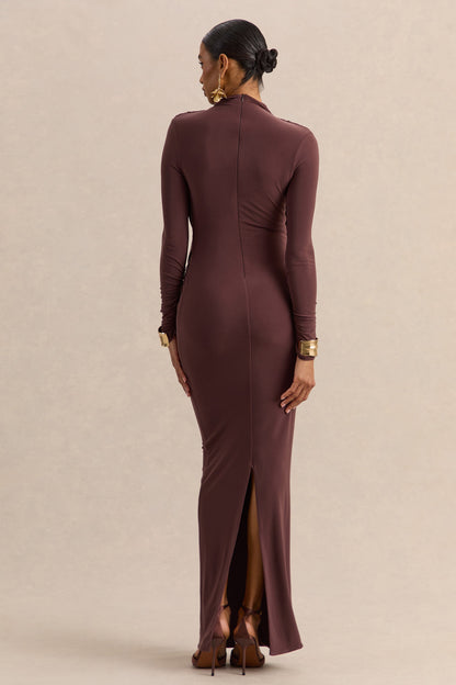 Karinthia | Brown High-Neck Maxi Dress With Draped-Detailing