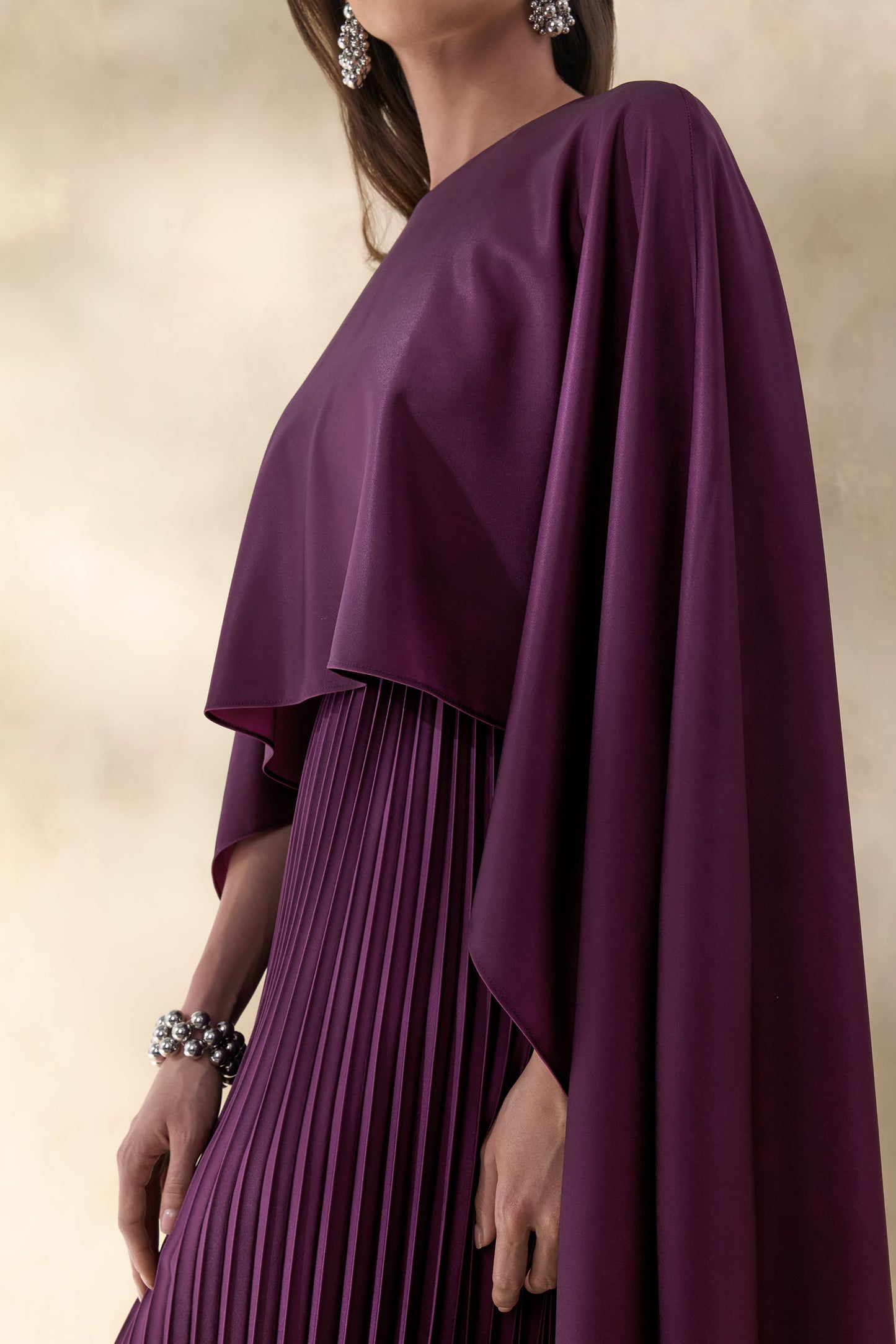 Loradia | Dark Plum Satin Round-Neck Maxi Dress With Cape-Sleeves And Pleated-Skirt