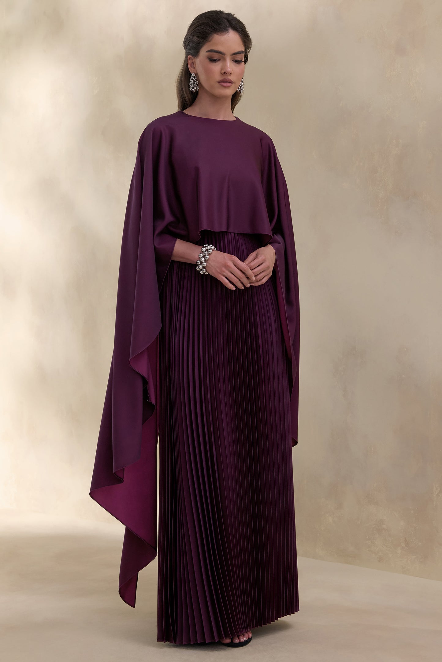 Loradia | Dark Plum Satin Round-Neck Maxi Dress With Cape-Sleeves And Pleated-Skirt