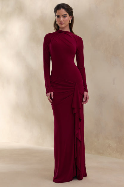 Karessa | Berry High-Neck Maxi Dress With Gathered Detailing And Front-High Split
