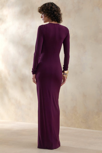Desirelle | Plum Crew-Neck Maxi Dress With Gathered-Detailing