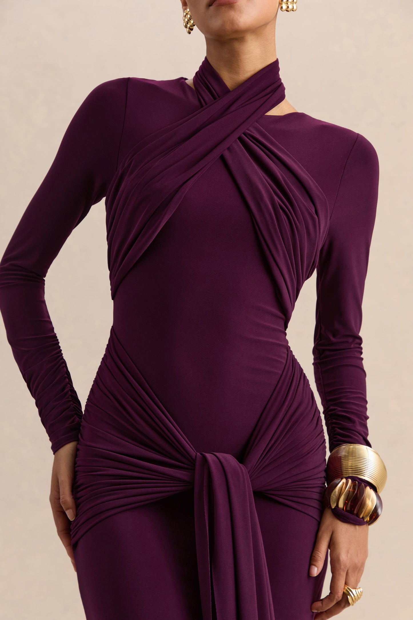 Linessa | Dark Plum High-Neck Maxi Dress With Sash And Gathered-Detailing