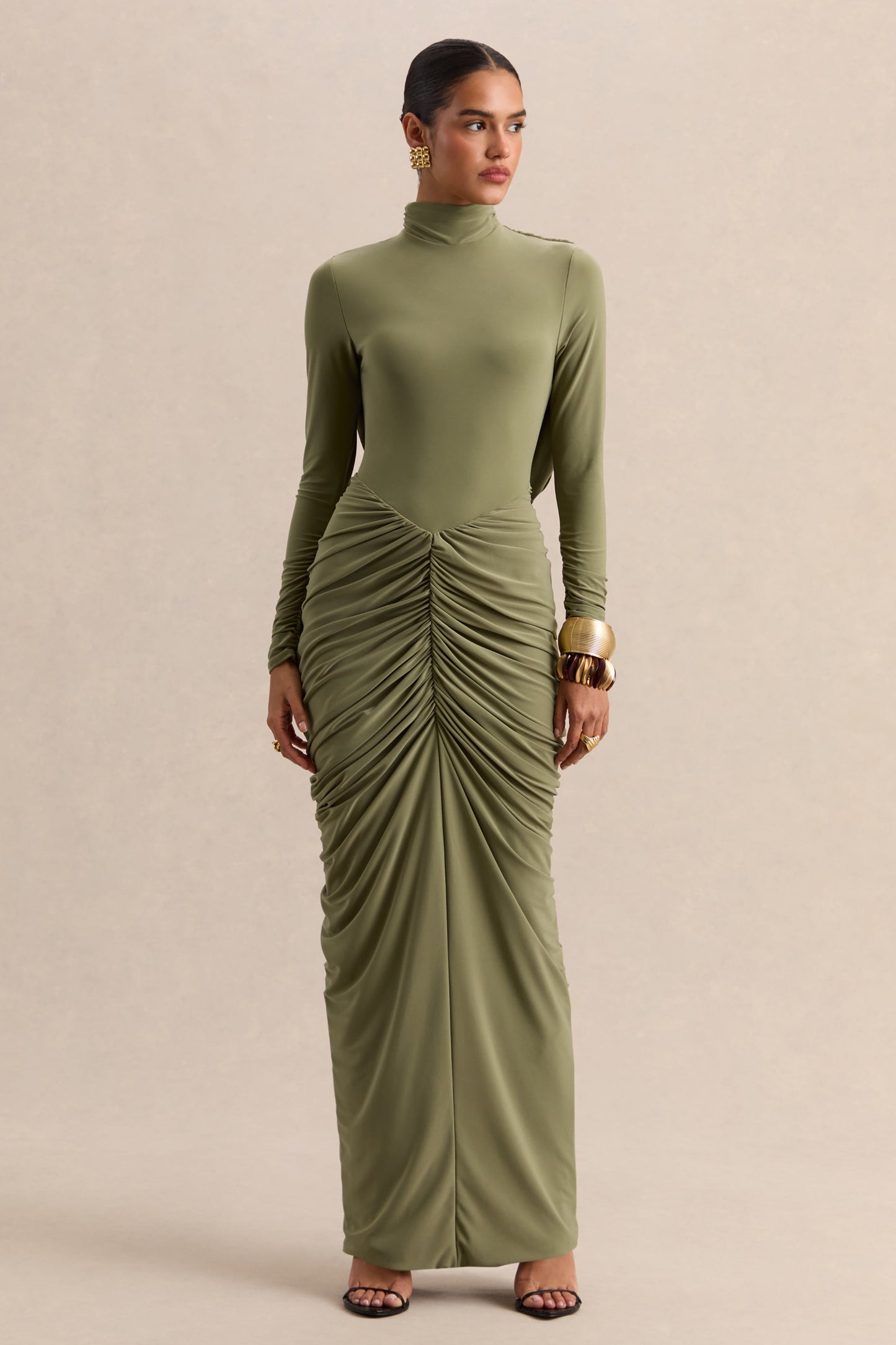 Harmona | Olive High-Neck Maxi Dress With Gathered And Draped-Detailing