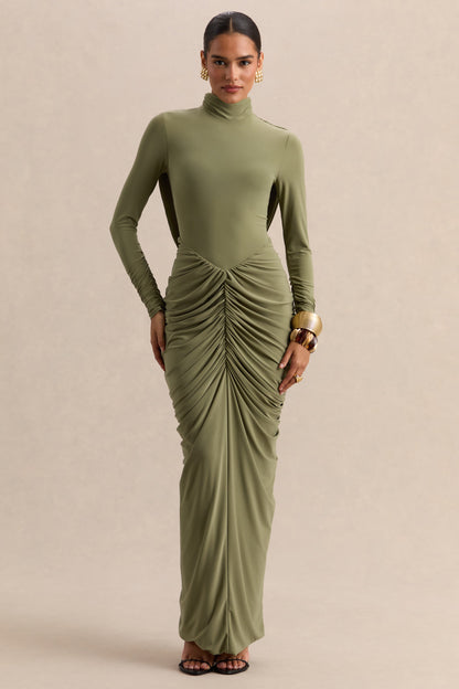 Harmona | Olive High-Neck Maxi Dress With Gathered And Draped-Detailing