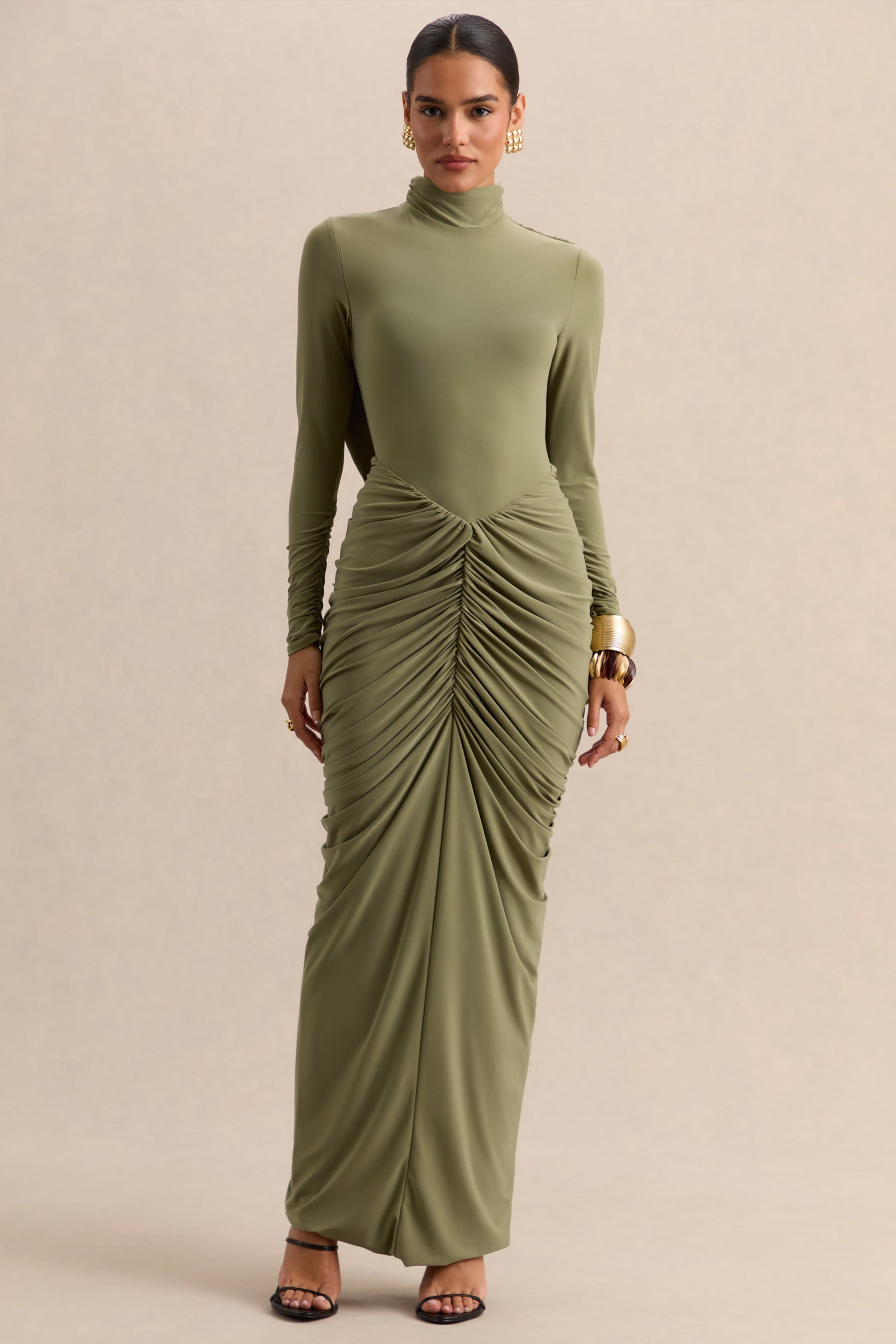 Harmona | Olive High-Neck Maxi Dress With Gathered And Draped-Detailing