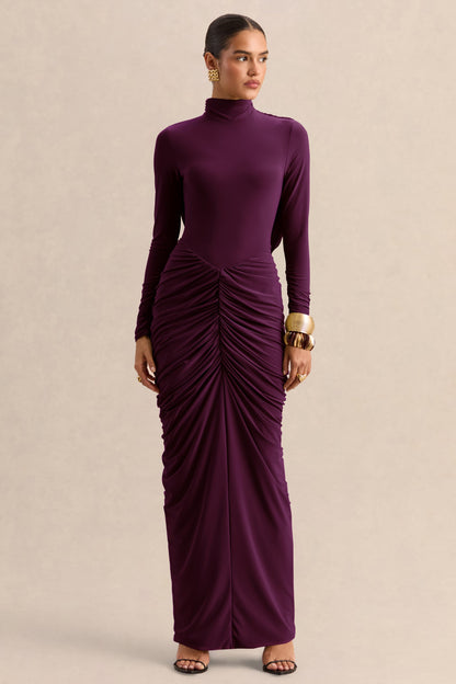 Harmona | Dark Plum High-Neck Maxi Dress With Gathered And Draped-Detailing