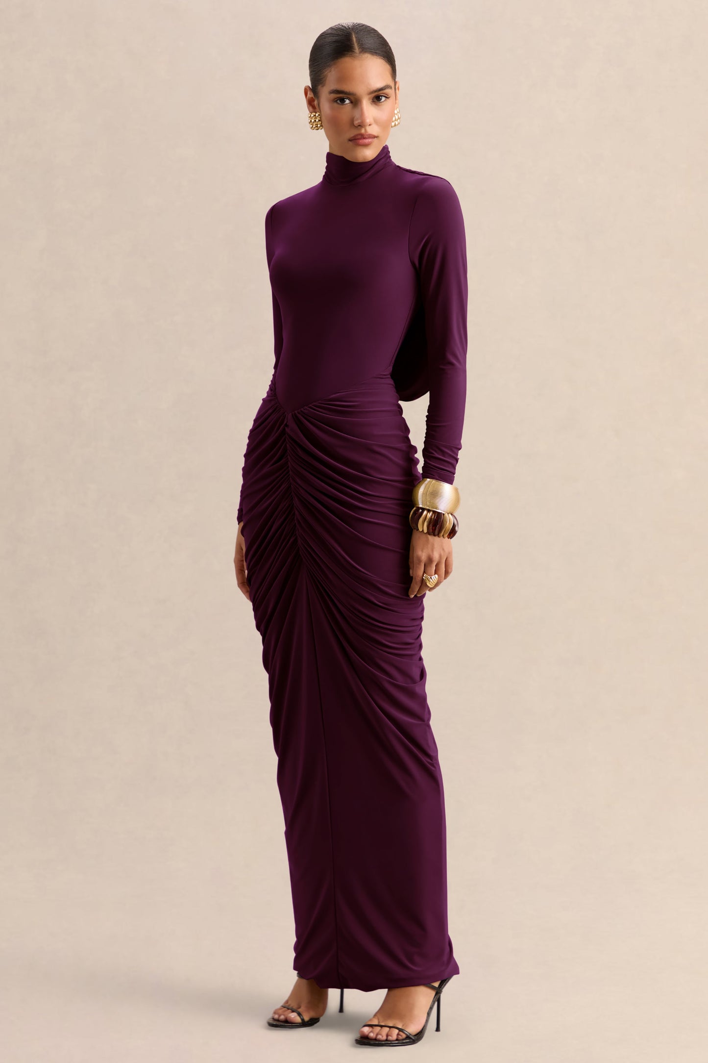 Harmona | Dark Plum High-Neck Maxi Dress With Gathered And Draped-Detailing