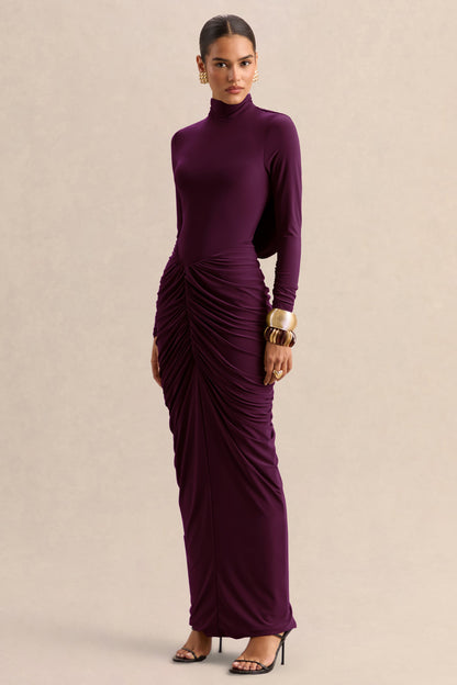 Harmona | Dark Plum High-Neck Maxi Dress With Gathered And Draped-Detailing