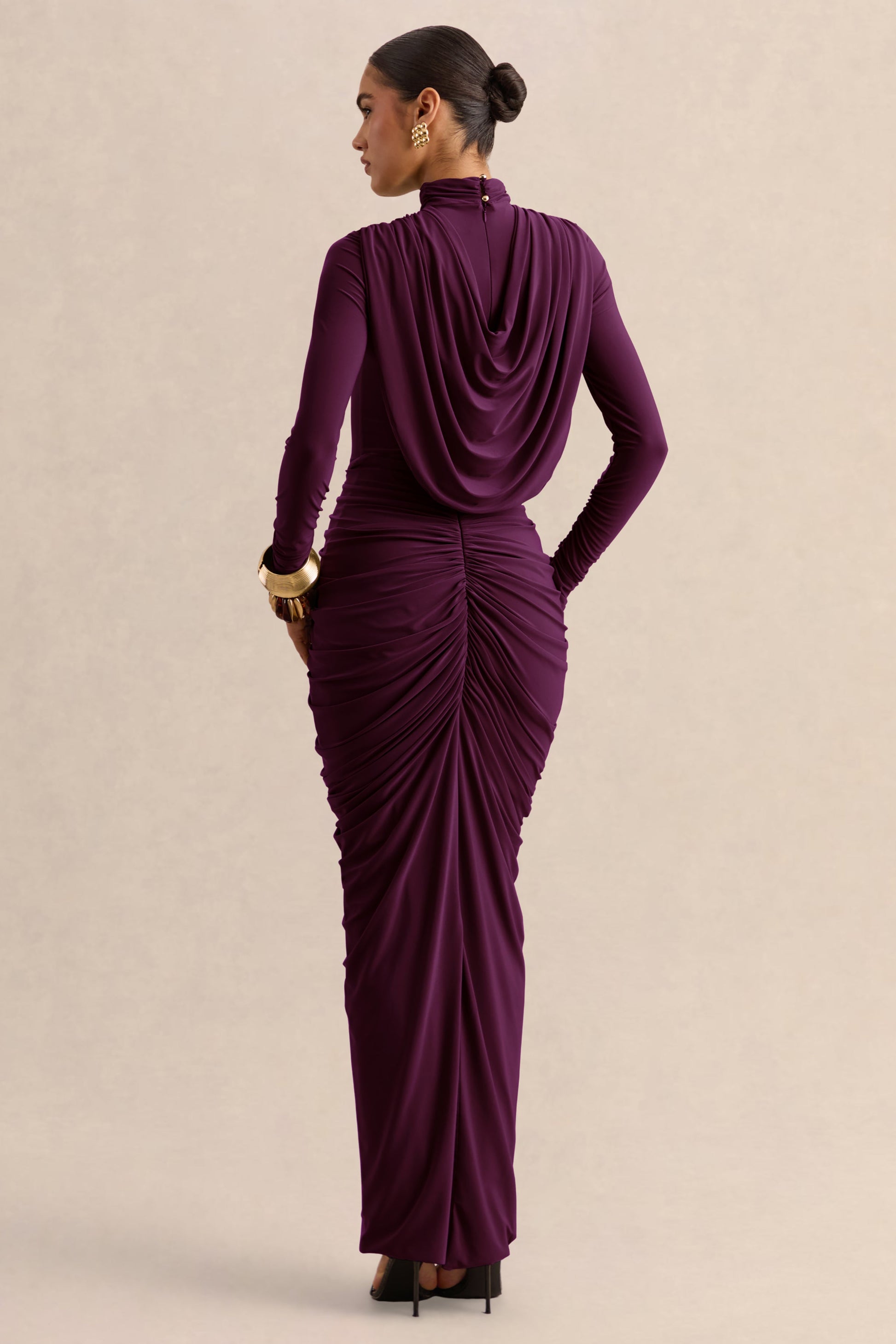 Harmona | Dark Plum High-Neck Maxi Dress With Gathered And Draped-Detailing
