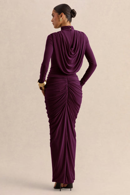 Harmona | Dark Plum High-Neck Maxi Dress With Gathered And Draped-Detailing