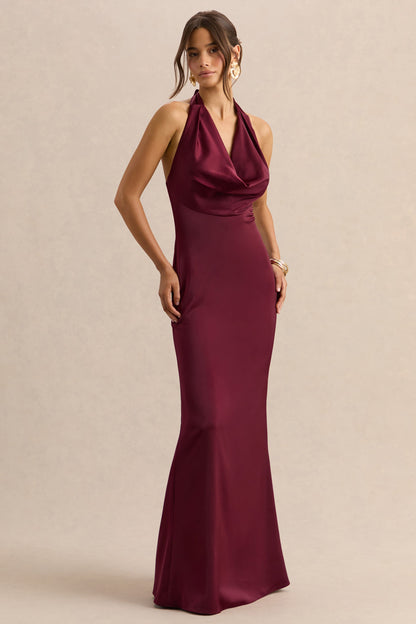 Aralisse | Burgundy Satin Cowl-Neck Maxi Dress