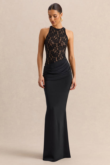 Anthelia | Black Lace And Satin Racer-Neck Maxi Dress With Draped-Detail