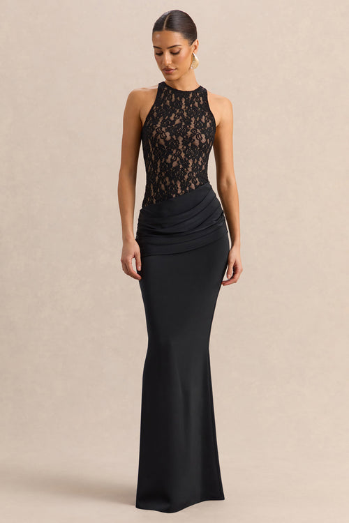 Anthelia | Black Lace And Satin Racer-Neck Maxi Dress With Draped-Detail