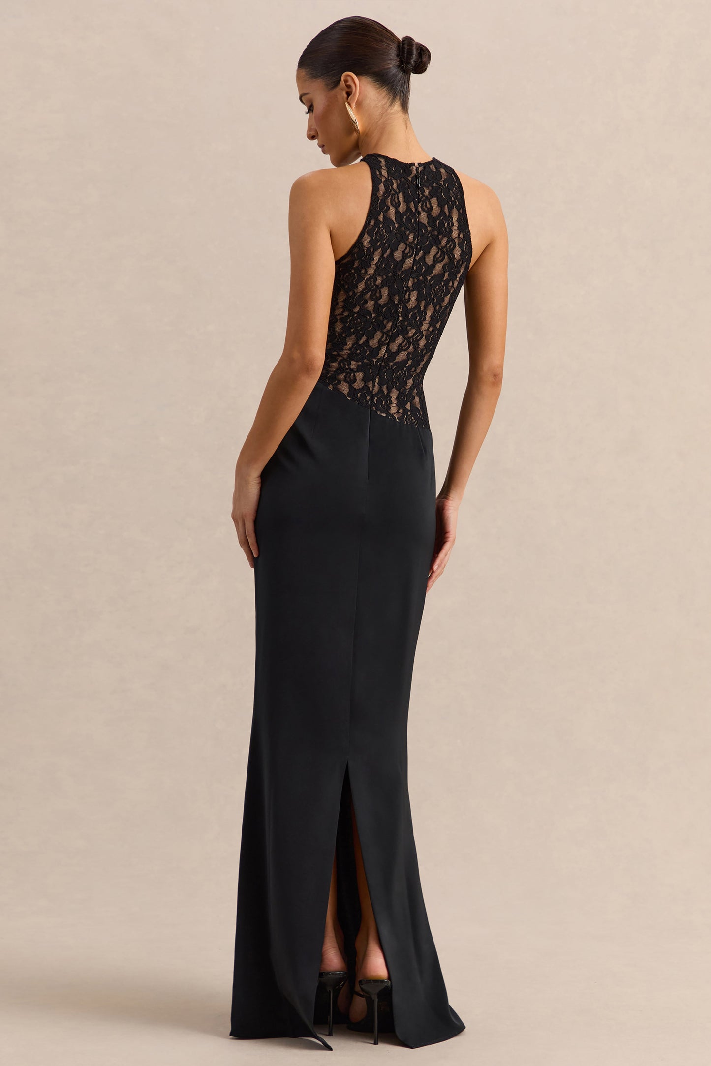 Anthelia | Black Lace And Satin Racer-Neck Maxi Dress With Draped-Detail