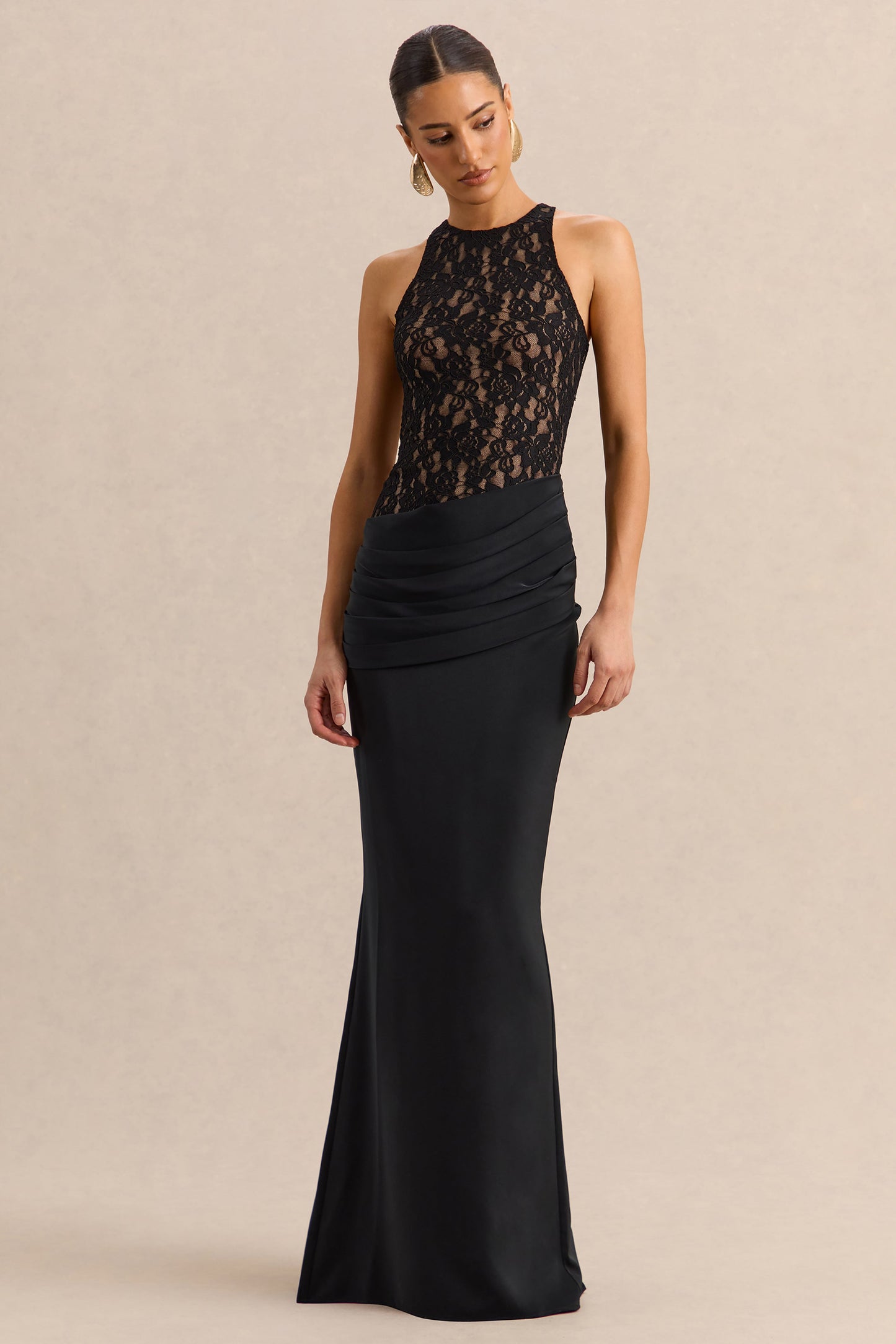 Anthelia | Black Lace And Satin Racer-Neck Maxi Dress With Draped-Detail