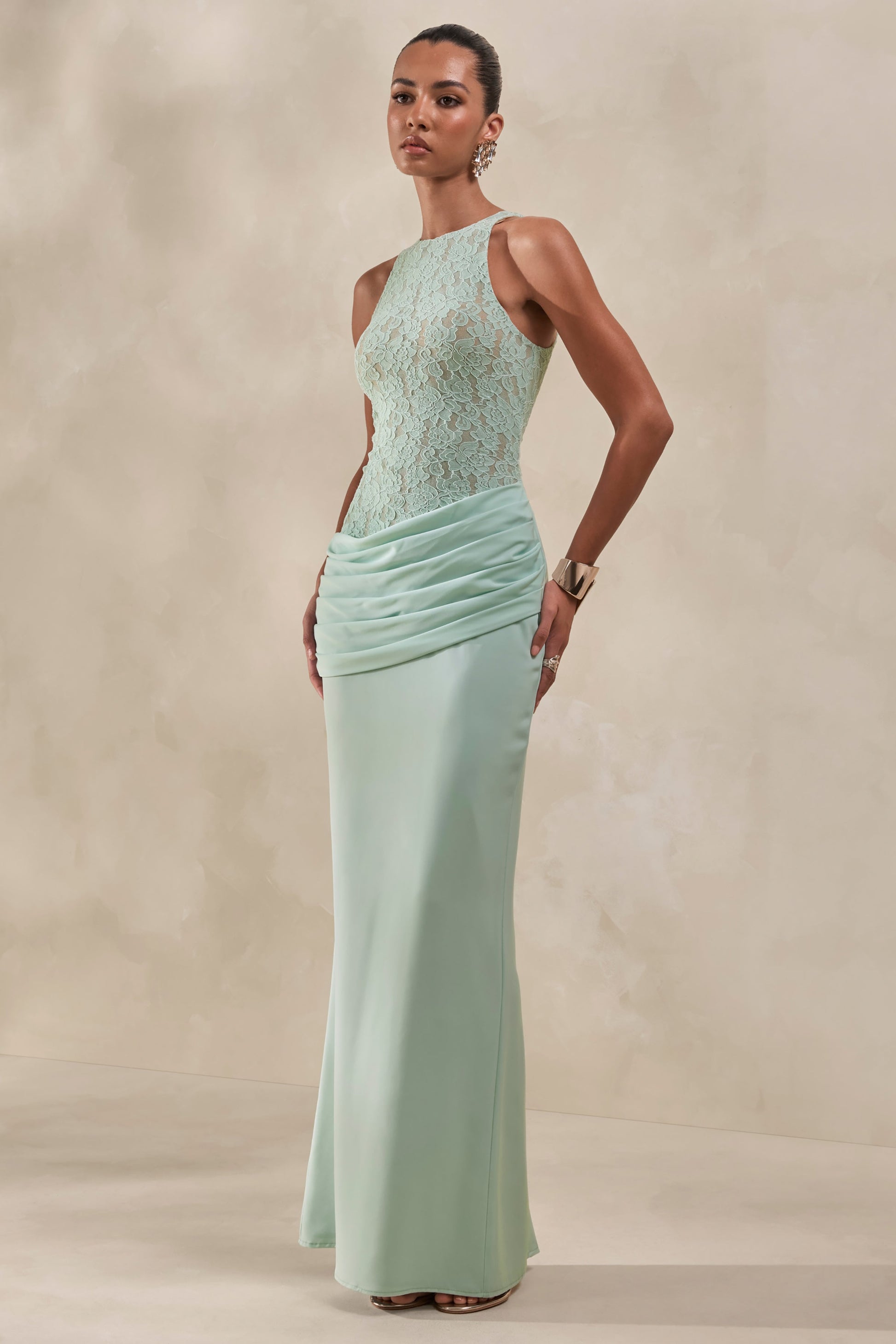 Anthelia | Mint Lace And Satin Racer-Neck Maxi Dress With Draped-Detail