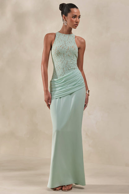Anthelia | Mint Lace And Satin Racer-Neck Maxi Dress With Draped-Detail