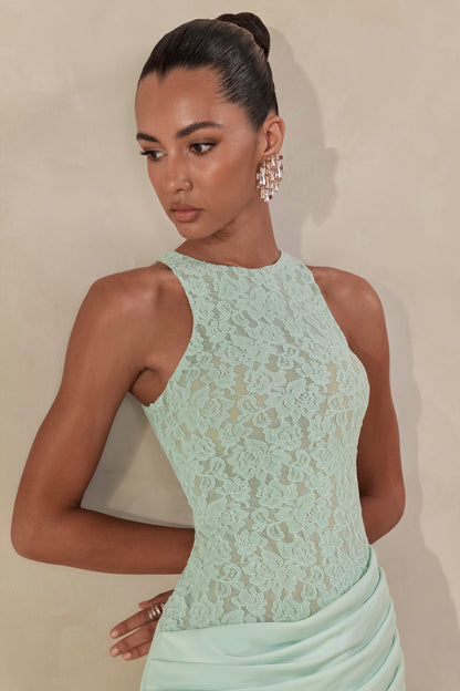 Anthelia | Mint Lace And Satin Racer-Neck Maxi Dress With Draped-Detail