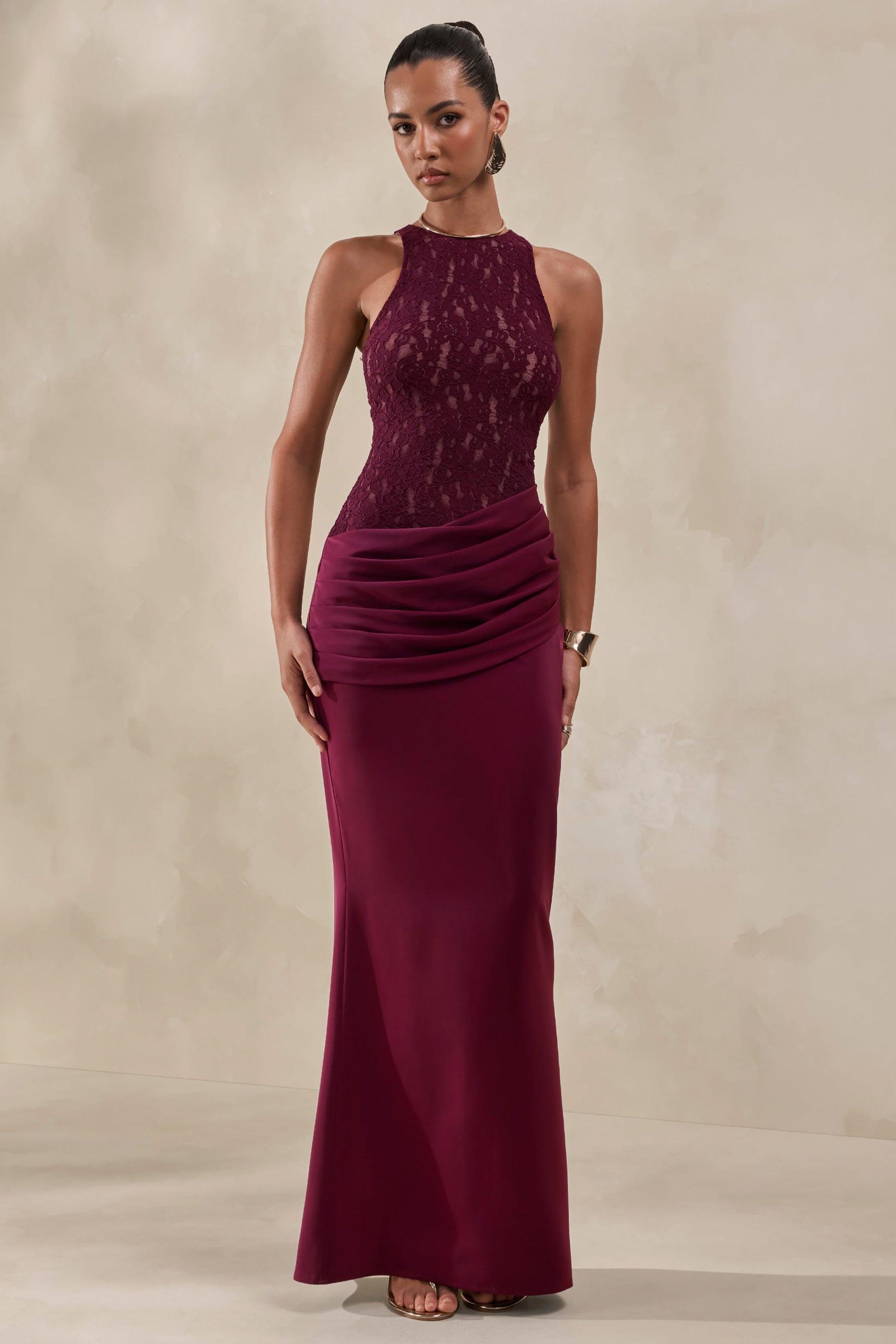 Anthelia | Burgundy Lace And Satin Racer-Neck Maxi Dress With Draped-Detail